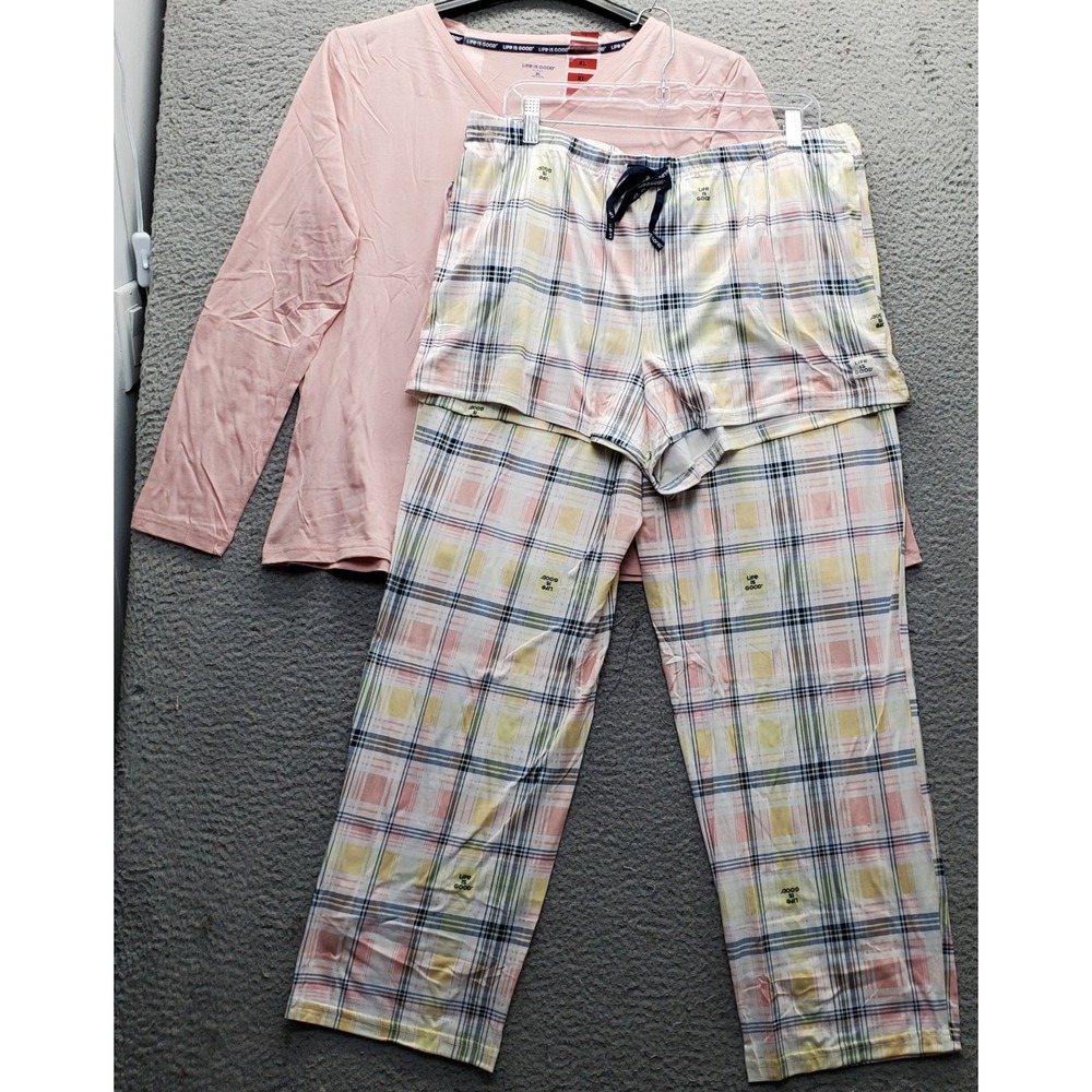 Life Is Good 3 Piece Pajama Set Womens XL Multi Long Sleeve V-Neck Loungewear